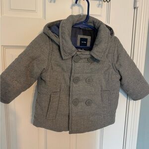 Baby GAP Gray Pea Coat 100% cotton very soft 12 - 18 months removable plaid blue